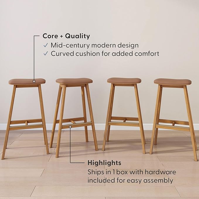 Plank+Beam Beryl Bar Height Stool - Mid-Century Modern Rubberwood Bar Stool with Faux Leather Seat, Metal Footrest, Easy Assembly, 4-Pack, Pecan/Toffee