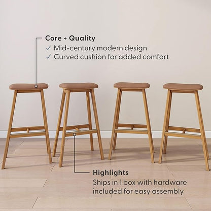 Plank+Beam Beryl Bar Height Stool - Mid-Century Modern Rubberwood Bar Stool with Faux Leather Seat, Metal Footrest, Easy Assembly, 4-Pack, Pecan/Toffee