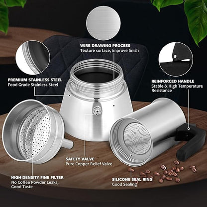 Stovetop Espresso Maker Stainless Steel Moka Pot, 6 cup Espresso Coffee Pots 300ml/10oz(Espresso Cup=50ml/1.7oz), Italian Coffee Maker for Induction Cookers Hobs, Cafe Maker for Camping Home