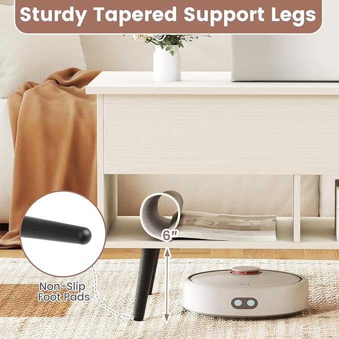 Tangkula Lift Top Coffee Table, Modern Cocktail Table with Hidden Compartment & 2 Open Shelves, Flip Top Center Table, Wooden Pull up Coffee Table for Living Room, Reception Room, Office (White)