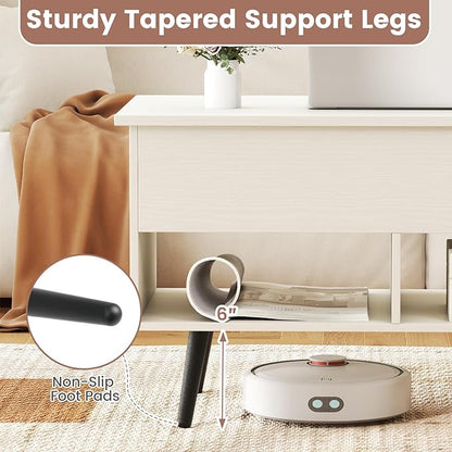 Tangkula Lift Top Coffee Table, Modern Cocktail Table with Hidden Compartment & 2 Open Shelves, Flip Top Center Table, Wooden Pull up Coffee Table for Living Room, Reception Room, Office (White)