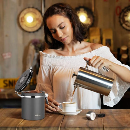 Veken Coffee Canister, Airtight Stainless Steel Kitchen Food Storage Container with Date Tracker and Scoop for Beans, Grounds, Tea, Flour, Cereal, Sugar, 16OZ, Gray