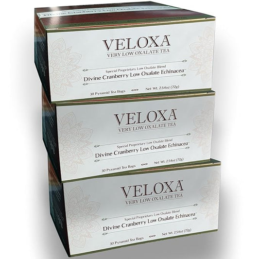 Veloxa™ Very Low Oxalate Tea (90 Pyramid Tea Bags (3 Cartons), Devine Cranberry Low Oxalate Echinacea)