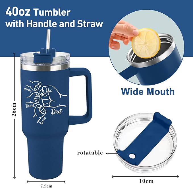 Custom Dad Tumbler with Kids Names, Personalized 40 Oz Tumbler with Handle and Straw, Personalized Birthday Gifts for Dad Husband