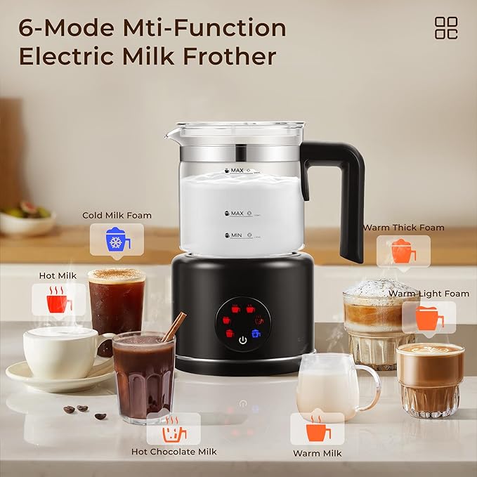 Electric Milk Frother, 6 in 1 Milk Steamer,17oz Automatic Warm and Cold Foam Maker for Coffee,Latte, Cappuccino, Macchiato, Hot Chocolate (Black)