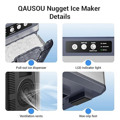 Nugget Ice Maker Countertop, 44 Lbs/24H Chewable Crunchable Ice Maker with 0.8 Gallon Side Water Tank, Ready in 5-10 Mins, Self-Cleaning Pellet Ice Machine Home, Kitchen, RV, Office