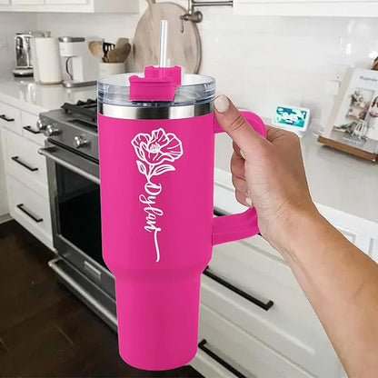ThermoThrill Ships Next Day, Personalized 40 Oz Tumbler with Handle and Straw Custom Tumbler with Text Stainless Steel Mug Birthday Gifts for Women (3.Personalized with Birth Flower, 40OZ)