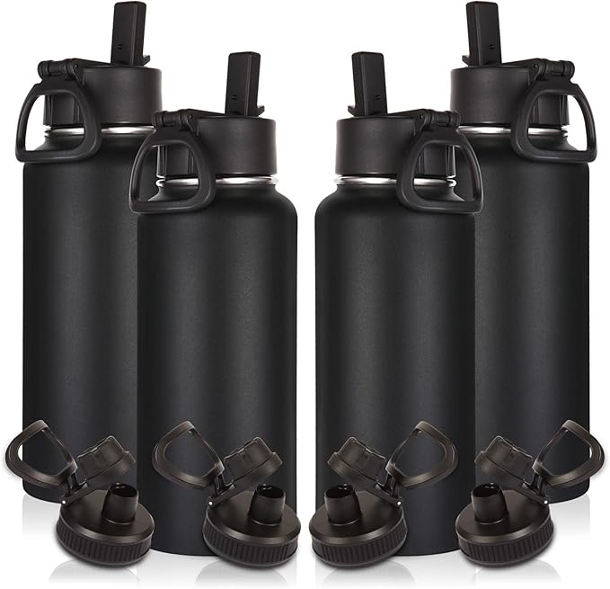 Volhoply 32oz Insulated Water Bottles Bulk 4 Pack with Straw Lid & Spout Lid,Stainless Steel Sports Water Bottle,Double Wall Vacuum Cups,Leakproof Wide Mouth Metal Flask for Hiking,Camping(Black,4)