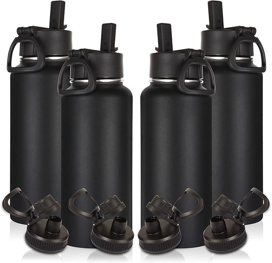 Volhoply 32oz Insulated Water Bottles Bulk 4 Pack with Straw Lid & Spout Lid,Stainless Steel Sports Water Bottle,Double Wall Vacuum Cups,Leakproof Wide Mouth Metal Flask for Hiking,Camping(Black,4)