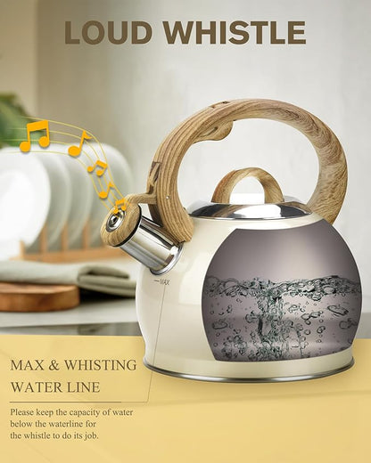 Teapot for Stovetop, 2.1 Quart Stove Top Whistling Tea Kettle, Teapot Kettles with Food Grade Stainless Steel and Wood Pattern Folding Handle, Suitable for All Heat Sources