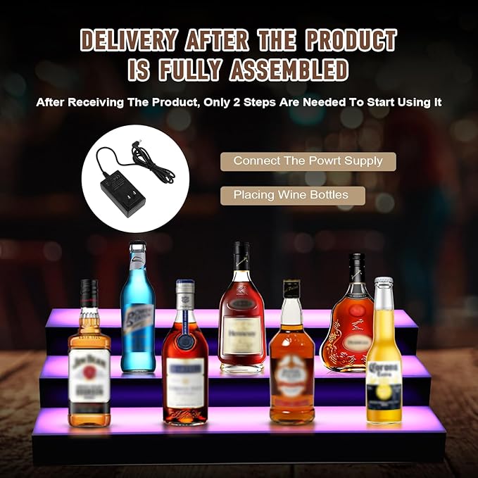 FAHKNS LED Lighted Liquor Bottle Display, 3 Tiers 24 Inch LED Liquor Shelves with RF Remote, Liquor Bottle Accessories Shelf for Home Bar, 16 Static Colors 4 Dynamic Mode