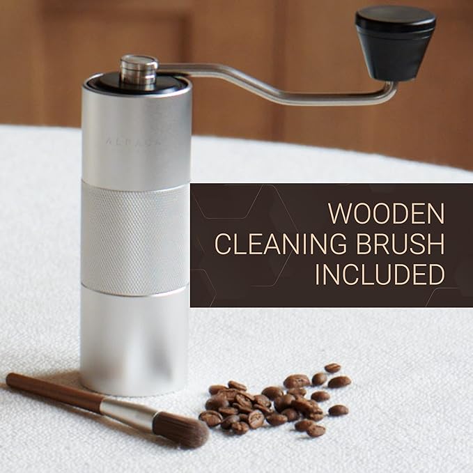Manual Coffee Grinder by Alpaca Ventures - Stainless Steel Conical Burr Coffee Grinder Manual with Adjustable Setting Double Bearing Hand Espresso Grinder Perfect for Home, Office and Camping