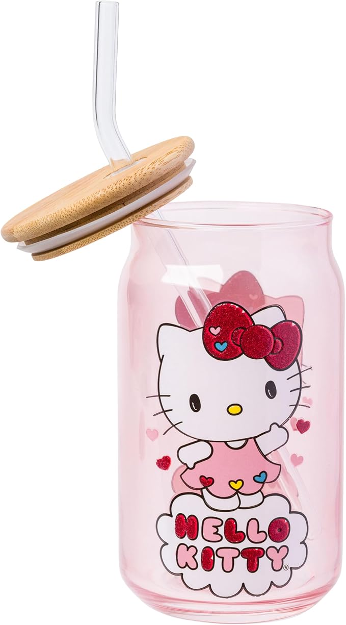 Silver Buffalo Sanrio Hello Kitty 2 Pack Iridescent Glitter Glass Jar Tumbler with Bamboo Lid and Glass Straw, 16 Ounces