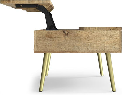 SIMPLIHOME Jager Lift Top Coffee Table - 36 inch Wide Solid Mango Wood Contemporary Modern Cocktail Table in Natural, Stylish Living Room Table with Hidden Storage, Brass Inlay, and Gold Metal Legs