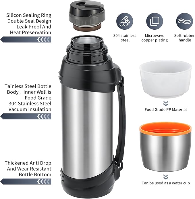 Large Thermosflask- 85oz Stainless Steel Insulated Bottle for Travel with BPA Free Cup - 2.5L Oversized Vacuum Insulated Thermoses with Handle and Strap for Hot & Cold Drinks(Silver)
