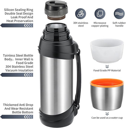 Large Thermosflask- 85oz Stainless Steel Insulated Bottle for Travel with BPA Free Cup - 2.5L Oversized Vacuum Insulated Thermoses with Handle and Strap for Hot & Cold Drinks(Silver)