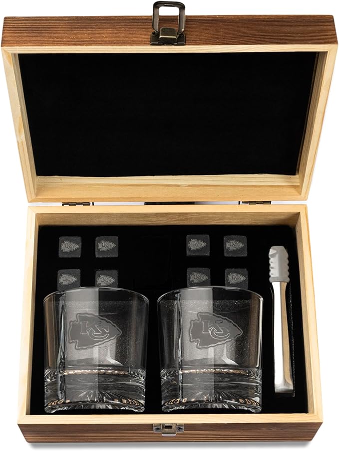 The Memory Company Officially Licensed NFL Wood Boxed Drinkware Set, with 2 Rocks Glasses and Cooling Cubes, Kansas City Chiefs