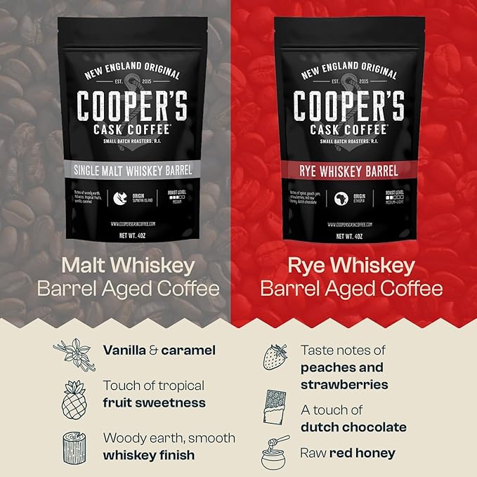 Bourbon Barrel Aged Coffee Whole Bean Set, Single Origin Sumatra Whiskey, Ethiopian Rye, Rwanda Rum Roasted Coffee Beans (Whole Bean, 4 Ounce (Pack of 3))