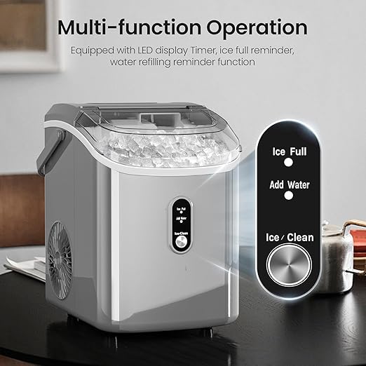 AGLUCKY Nugget Ice Makers Countertop,Portable Pebble Ice Maker Machine with Chewable Ice,One-Click Operation,Self-Cleaning for Home/Office(Grey)