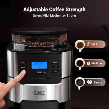Gevi 10-Cup Drip Coffee Maker with Built-in Burr Grinder & Programmable Timer, 1.5L Water Tank, Auto Keep-Warm, Reusable Filter - Fresh Ground Coffee Machine (Black)