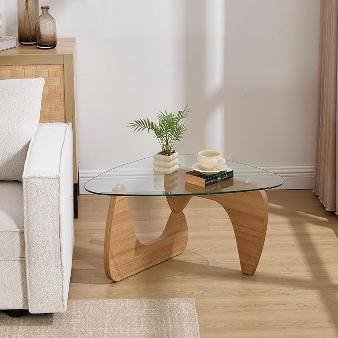 Modern Noguchi Coffee Table, Triangle Coffee Table with Tempered Glass Modern Vintage Glass Tea Table Wood Glass Accent Center Table for Living Room, 22.5"x32.5"x16", Log Transparent