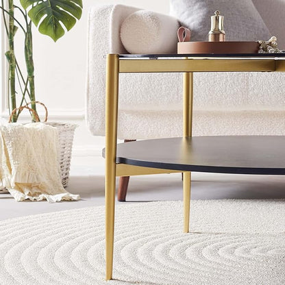 Round Coffee Table for Living Room, Mid-Century Modern Design, D30 x H17, 2-Tier Structure, Grey Glass Top and Black Marble Finish Wood Shelf, Sleek Conical Metal Legs with Gold Finish Frame