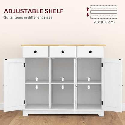 HOMCOM Sideboard with Solid Wood Countertop, Modern Kitchen Storage Cabinet, Coffee Bar Cabinet with 3 Drawers, Doors and Adjustable Shelf, Distressed White