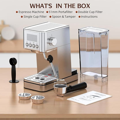 Espresso Machine 20 Bar, Stainless Compact Espresso Maker with Steam Milk Frother, 57.5OZ Water Tank, Touch Screen Indicator of Making Time, for Latte, Cappuccino, Silver (2025 updated model)