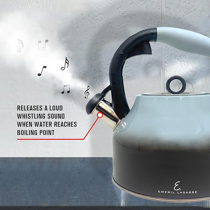 Emeril Lagasse 2.6 Quart/2.5 Liter Whistling Tea Kettle, Stainless Steel Tea Pot for Induction Stove Top, Fast to Boil Water for Home Kitchen Condo, with Ergonomic Cool Grip Handle, Turquoise