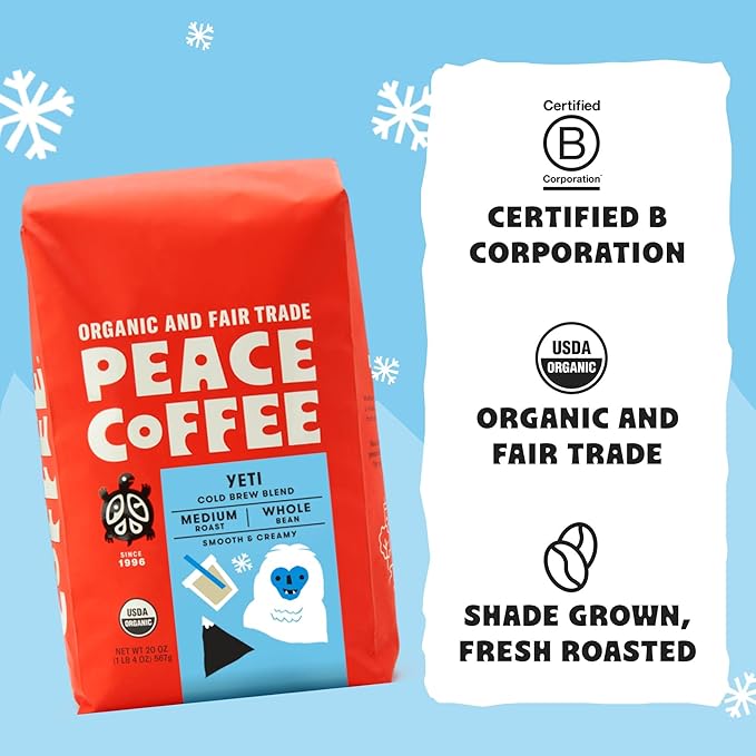 Peace Coffee Yeti Cold Brew Blend | 20 oz Medium Roast Whole Bean | Organic Fair Trade | Smooth, Rich Flavor | Shade Grown, Fresh Roasted