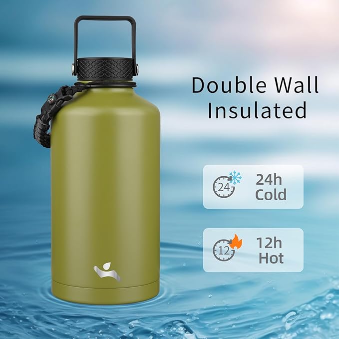 Insulated Water Bottle with Straw,87 oz 3 Lids Water Jug with Carrying Bag,Paracord Handle,Double Wall Vacuum Stainless Steel Metal Flask,Forest Green