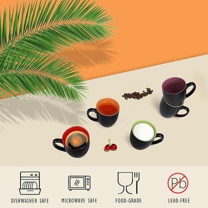 16 OZ Stoneware Coffee Mug Set of 6, Black Ceramic Mug with Different Color Inside, Colorful Porcelain Mug with Handle for Latte Espresso Cappuccino