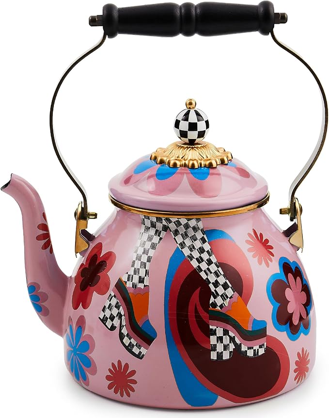 MACKENZIE-CHILDS 2-Quart Enamel Tea Kettle, Cute Tea Kettle for Stovetop, Go Go