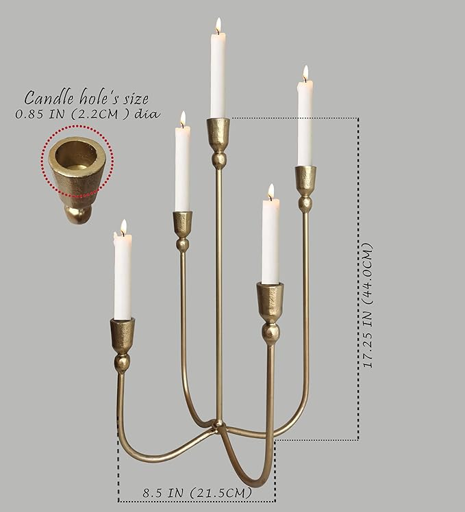 Iron Tabletop Candelabra - Decorative Metal Candelabra Candle Holder, 5 French Dinner Candles (Dinner 5 Candles)