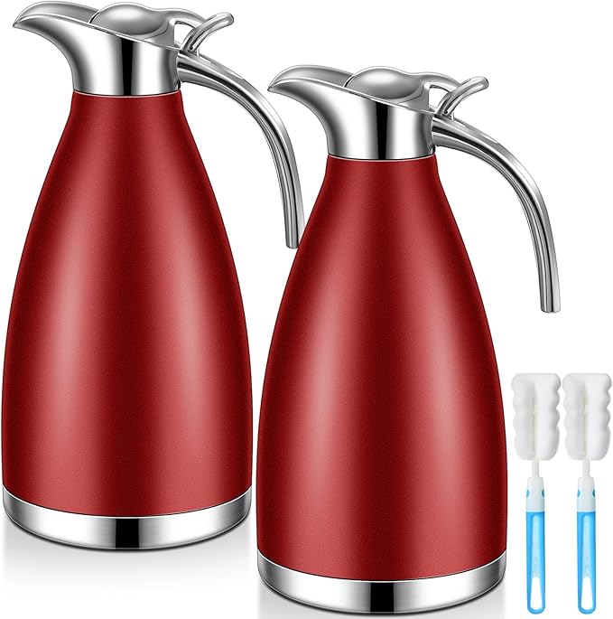 Uiifan 2 Pcs 68 oz Thermal Coffee Carafe Insulated Stainless Steel Coffee Carafe for Hot Liquids Vacuum Thermal Pot Creamer Dispenser with Brushes Keeping Hot Tea Milk Water(Red)