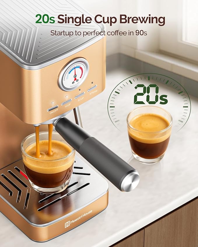 Maestri House 20 Bar ULKA Pump Espresso Machine, Compact Espresso Maker Built-in Flow Meter Steam Milk Frother, Stainless Steel Coffee Machine for Cappuccino, Latte, Rose Golden