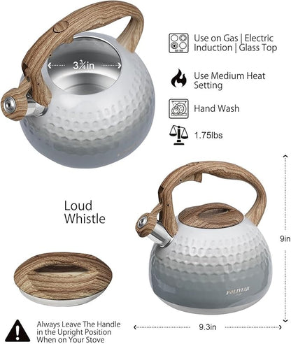 POLIVIAR Tea Kettle, Antique White Stovetop Tea Kettle 2.7 Quart, Audible Whistling Teapot, Food Grade Stainless Steel for Anti-Rust, Anti Hot Handle, Suitable for All Heat Sources (JX2020-YH30)