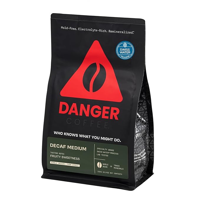 Danger Coffee by Dave Asprey, Remineralized, Mold Free & Lab Tested Swiss Water Decaf Whole Bean Coffee, Medium Roast, Decaffeinated 10.9 Ounce