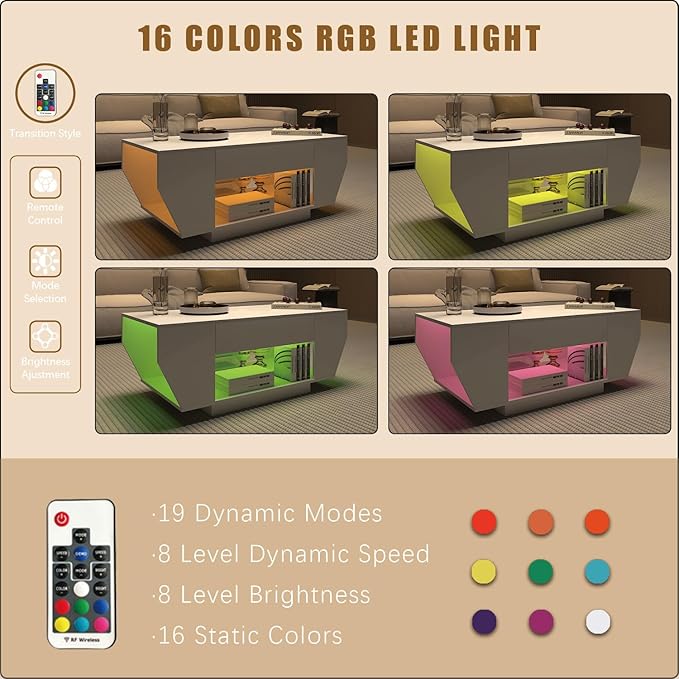 42" White Modern Coffee Table for Living Room, High Glossy Wooden Living Room Table with Storage, Led Rectangular Coffee Tables with 2 Drawers, Wood Center Table for Reception Dinning Room