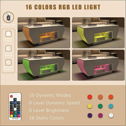 42" White Modern Coffee Table for Living Room, High Glossy Wooden Living Room Table with Storage, Led Rectangular Coffee Tables with 2 Drawers, Wood Center Table for Reception Dinning Room