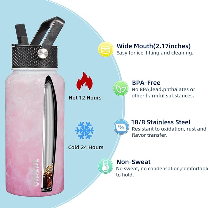 BJPKPK 2 Pack Insulated Water Bottles with Straw Lids, 27oz Stainless Steel Metal Water Bottle with 6 Lids, Leak Proof BPA Free Jugs, Cups, Flasks for Travel, Sports (Blossom+Ocean)