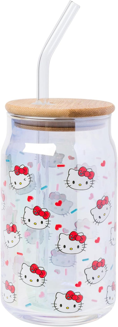 Silver Buffalo Sanrio Hello Kitty 2 Pack Iridescent Glitter Glass Jar Tumbler with Bamboo Lid and Glass Straw, 16 Ounces