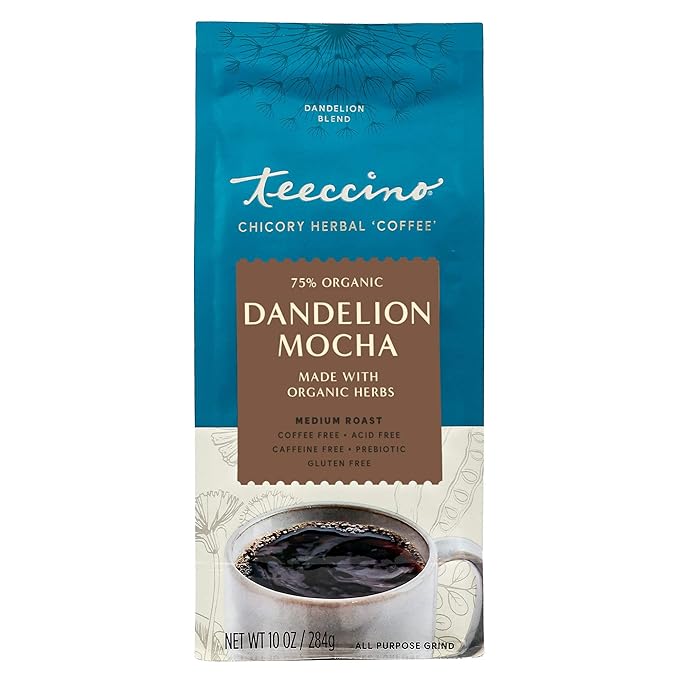Teeccino Dandelion Mocha Herbal Coffee - Caffeine-Free Coffee Alternative with Prebiotics, Gluten Free, Acid Free - Medium Roast, 10 oz