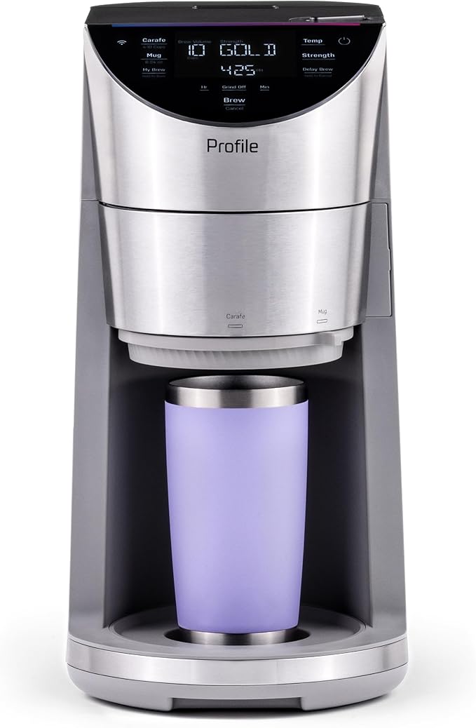 GE Profile Smart Grind & Brew Coffee Maker w/Podless Single Serve, 90oz Water Reservoir, 10 Cup Thermal Carafe, Voice Control, Adjustable Burr Grinder, SCA Certified, Barista-Quality, Stainless Steel