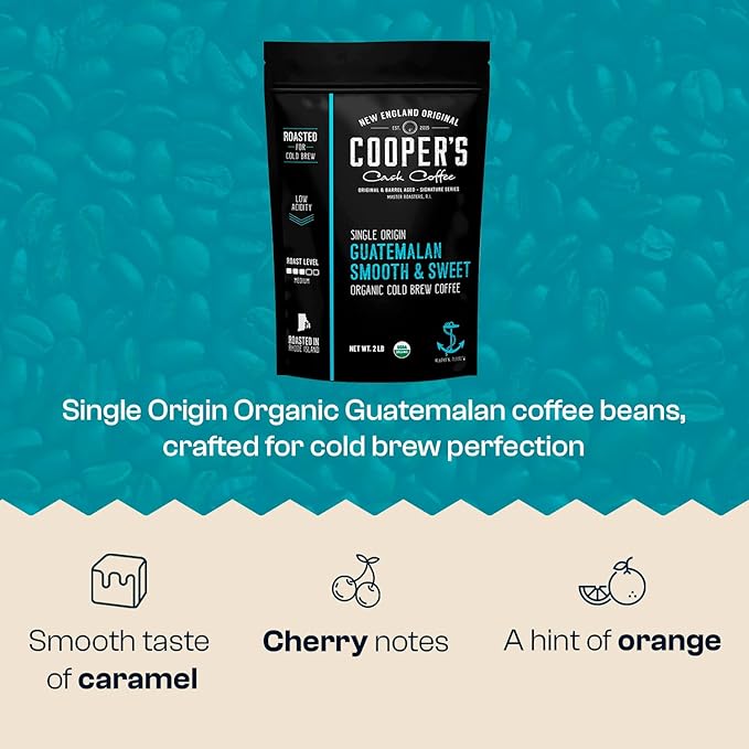 Guatemala Organic Cold Brew Coffee, Single Origin, Gourmet Beans, Tasting Notes of Milk Chocolate, Creamy Caramel & A Hint of Orange, Medium Roast Coarse Ground Beans, 2 lb Coffee Bag