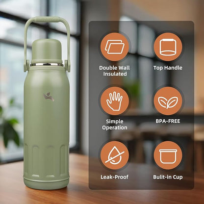 Insulated Water Bottle with Handle and Strap,Vacuum Travel Tumbler with Cup Lid,Thermo Coffee Cup for Hot Cold Drinks 50 OZ,Army Green