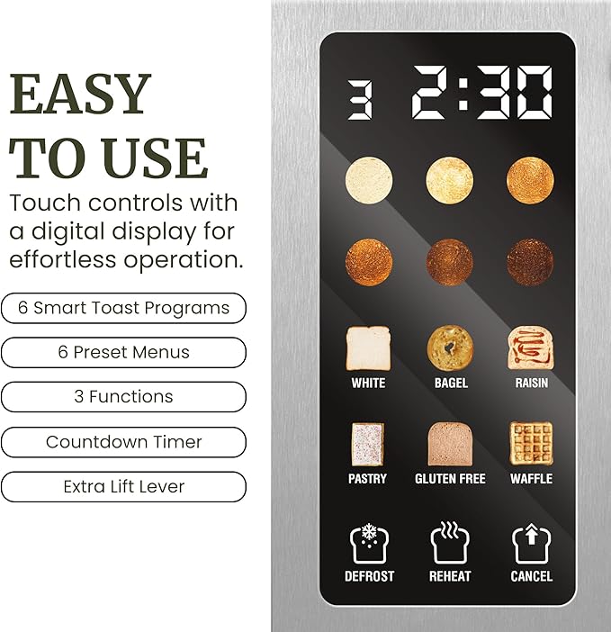 Elite Gourmet ECT2899 LCD Touch Toaster, 2 Extra-Wide Slots, 6 Toast Shades, 6 Preset Menus Including Bagel Waffle Gluten-Free, Defrost Reheat Cancel Functions, Stainless Steel