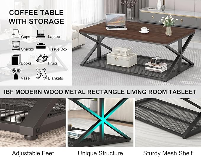IBF Walnut Coffee Table with Storage, Industrial Wood Metal Rectangle Living Room Table, Vintage 2 Tier Middle Center Table with Mesh Shelf, Walnut, 47 inch
