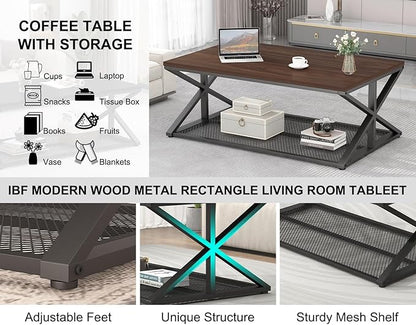 IBF Walnut Coffee Table with Storage, Industrial Wood Metal Rectangle Living Room Table, Vintage 2 Tier Middle Center Table with Mesh Shelf, Walnut, 47 inch