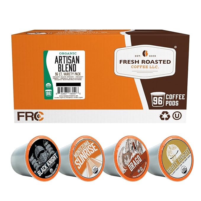Fresh Roasted Coffee, Organic Artisan Blend Variety Pack | USDA Organic, Kosher | K-Cup Compatible, 96 Pods